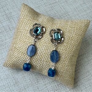 Silver tone upcycled blue stone dangle pierced earrings